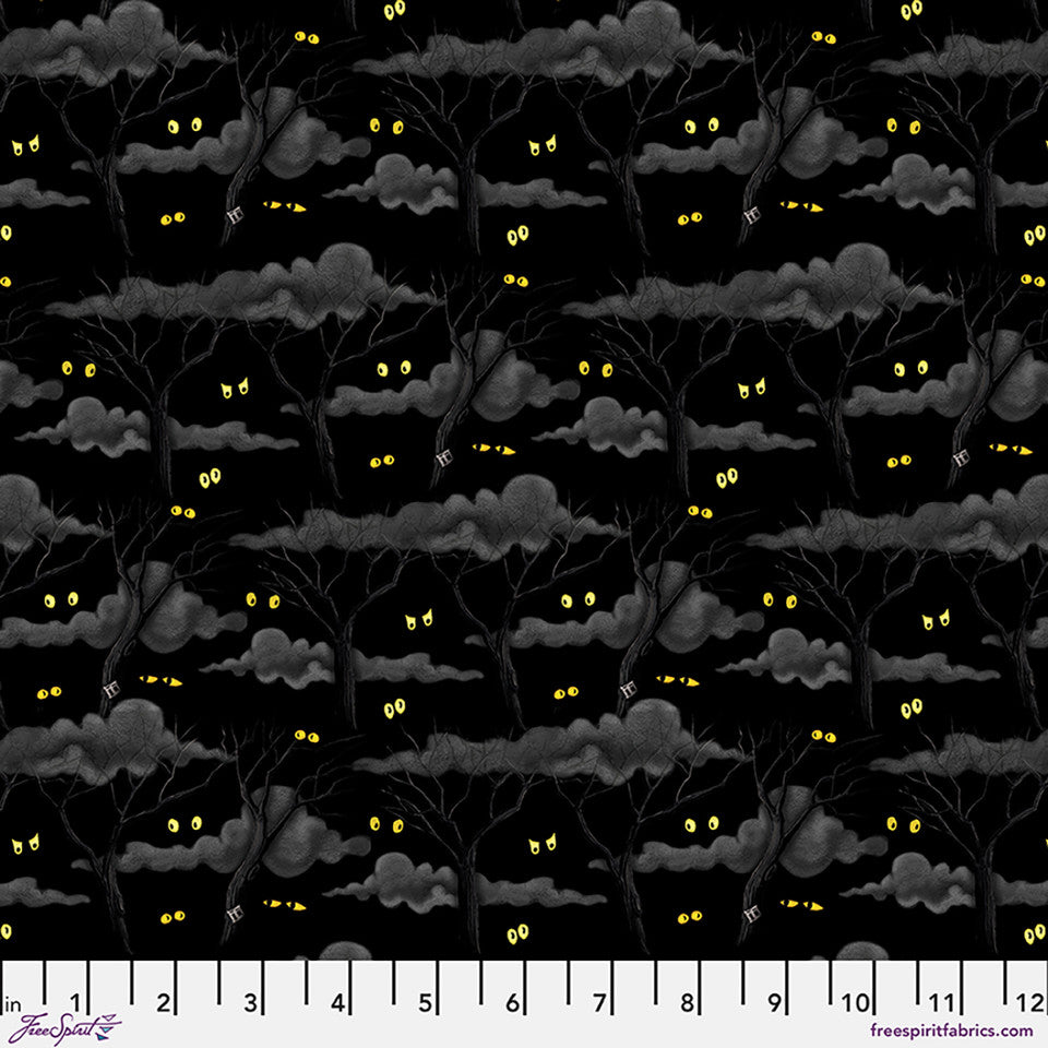 Moonlit Mischief Eerie Night Forest Cat Eyes Black Mary Engelbreit Free Spirit Cotton Fabric FS-PWMY049.BLACK