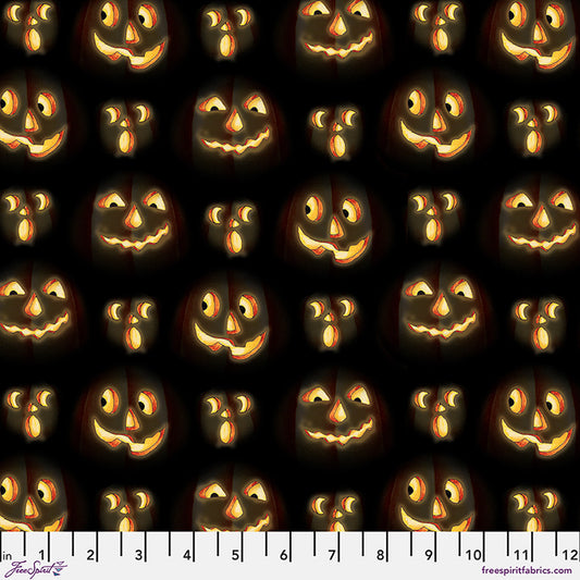 Moonlit Mischief Pumpkin Glow Jack O Lantern Black Mary Engelbreit Free Spirit Cotton Fabric FS-PWMY048.BLACK