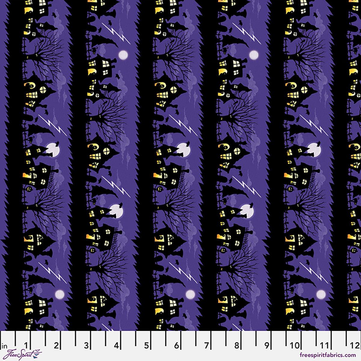 Moonlit Mischief Spooky Street Stripes Purple Mary Engelbreit Free Spirit Cotton Fabric FS-PWMY053.PURPLE