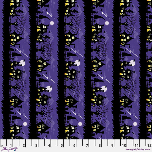 Moonlit Mischief Spooky Street Stripes Purple Mary Engelbreit Free Spirit Cotton Fabric FS-PWMY053.PURPLE