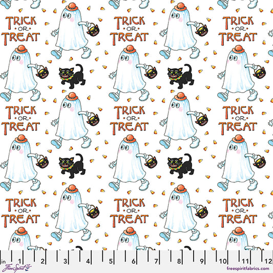 Moonlit Mischief Trick-or-Treat Ghosts Black Cats White Mary Engelbreit Free Spirit Cotton Fabric FS-PWMY054.WHITE