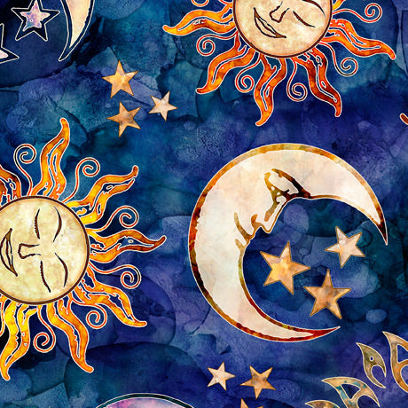 Moonshadow Sun&Moon Toss Blue Dan Morris Quilting Treasures Cotton Fabric