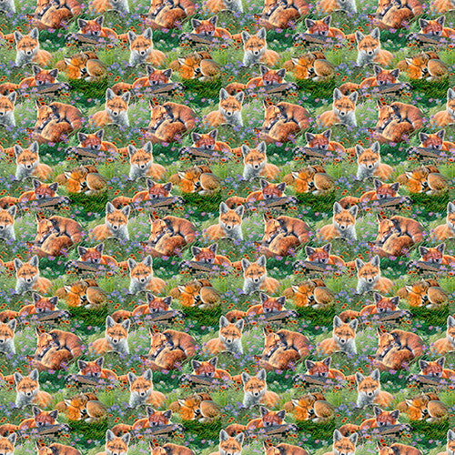 Mountain Sunrise Sleepy Foxes Green Abraham Hunter 3 Wishes Cotton Fabric