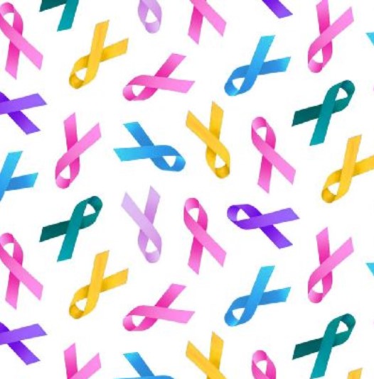 Multi colored Ribbons White Cancer Awareness Elizabeth's Studio Cotton Fabric