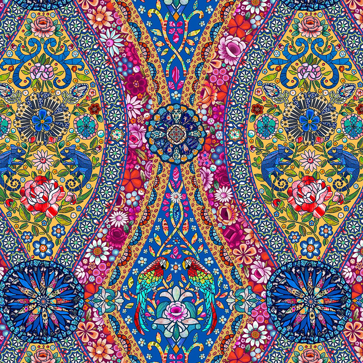 Murano Palazzio Grande Abstract Floral and Animals Marine Blue Odile Bailloeul Free Spirit Cotton Fabric | US Fabric Shop