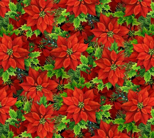Musical Christmas Poinsettias Red Elizabeth's Studio Cotton Fabric ES 30001 Red