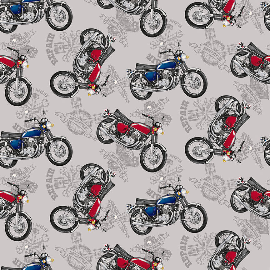 My Tools My Rules Tossed Motorcycle Gray Pattern Wheel Studio Henry Glass Cotton Fabric