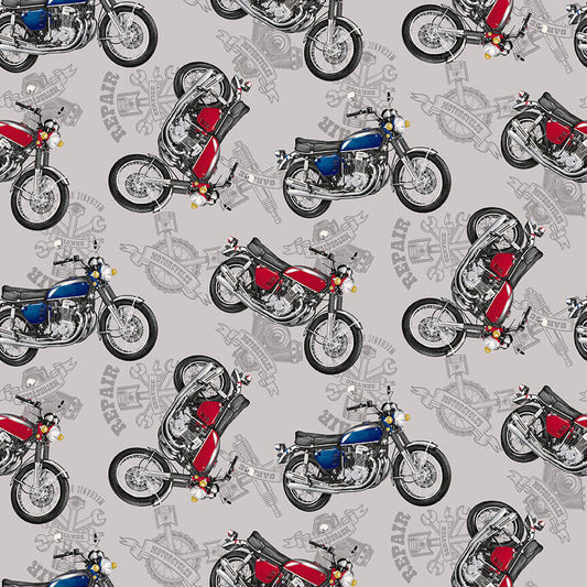 My Tools My Rules Tossed Motorcycle Gray Pattern Wheel Studio Henry Glass Cotton Fabric