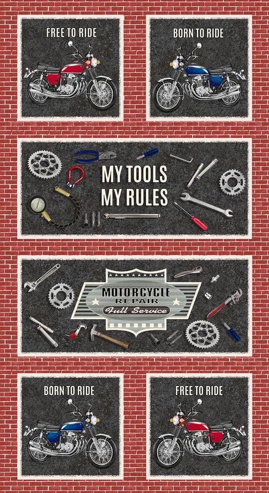 My Tools My Rules Brick Panel 24” Pattern Wheel Studio Henry Glass Cotton Fabric