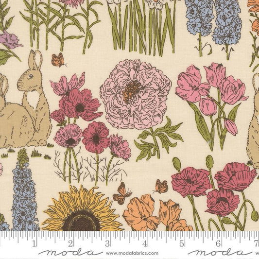 My Secret Garden Bunnies Landscape and Nature Cloud Cream Stacy Iest Hsu Moda Cotton Fabric MD-20982-11