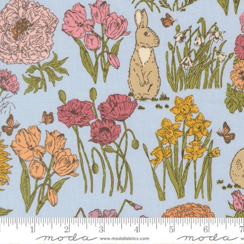 My Secret Garden Bunnies Landscape and Nature Sky Blue Stacy Iest Hsu Moda Cotton Fabric MD-20982-20