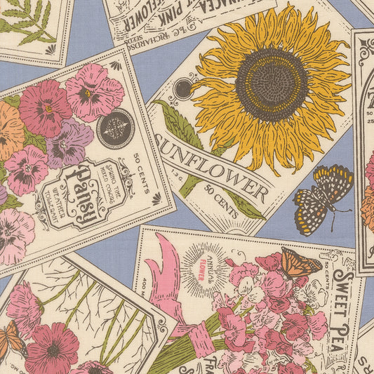 My Secret Garden Vintage Flower Seed Packets Dusk Blue Stacy lest Hsu Moda Cotton Fabric MD-20981-22