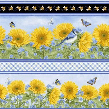 My Sunflower Garden Border Stripe  Blue Jane Shasky Henry Glass Cotton Fabric