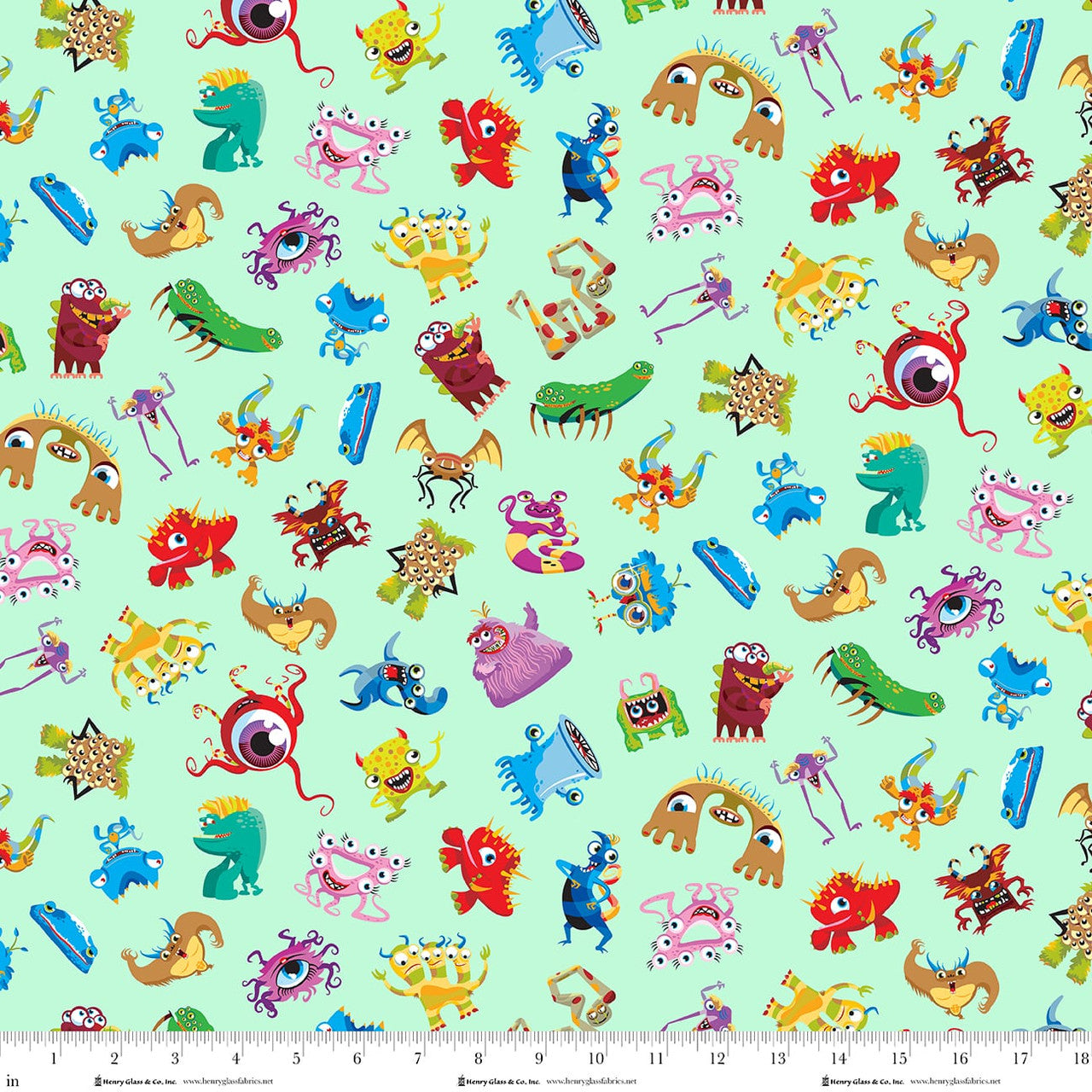 My Very Silly Monster ABCs Silly Monster Toss Mint Green Tim Read Henry Glass Fabrics Cotton Fabric HG-3541-16