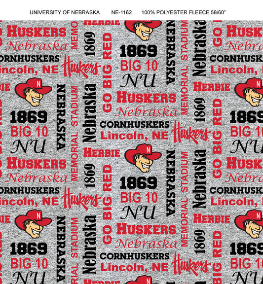 Nebraska Cornhuskers NCAA College Heather Verbiage Sykel Enterprises Polyester FLEECE Fabric NE-1162