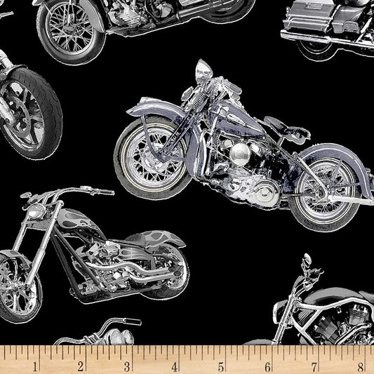 Motorcycles Tossed Black Fun Collection Timeless Treasures Cotton Fabric