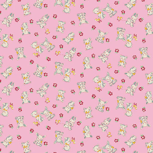 Nana Mae VI Bunnies and Bears Pink Henry Glass Cotton Fabric