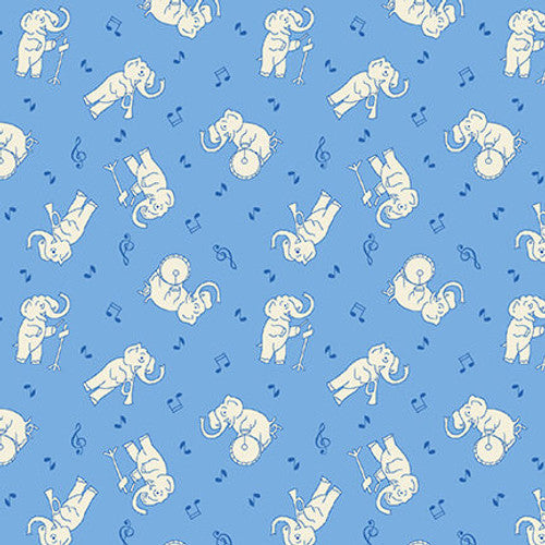 Nana Mae VI Musical Elephants Blue Henry Glass Cotton Fabric