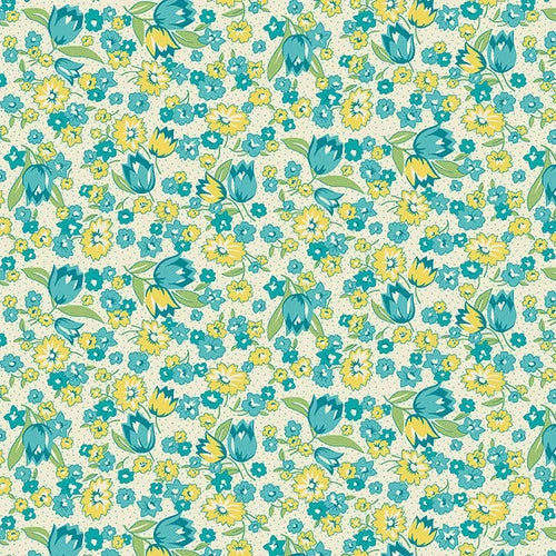 Nana Mae VI Tulips Aqua Blue Henry Glass Cotton Fabric