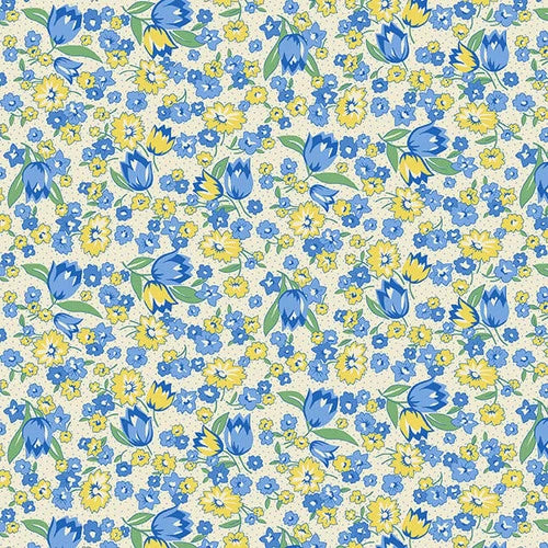 Nana Mae VI Blue Tulips Yellow Henry Glass Cotton Fabric