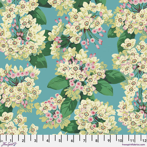 Nation of Flowers Mountain Laurel Aqua Blue Martha Negley Free Spirit Cotton Fabric FS-PWMN044.AQUA