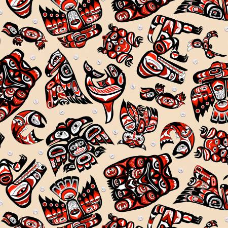 Native Spirit American Tribal Symbols Cream Red Elizabeth's Studio Cotton Fabric