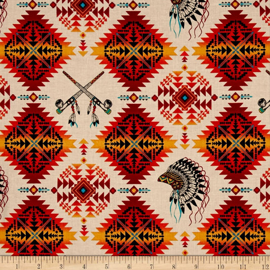 Native Spirit Headdress Pipes Terracotta Elizabeth's Studio Cotton Fabric