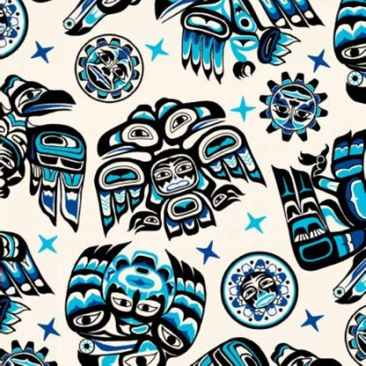 Native Spirit Native American Tribal Symbols Blue Elizabeth's Studio Cotton Fabric