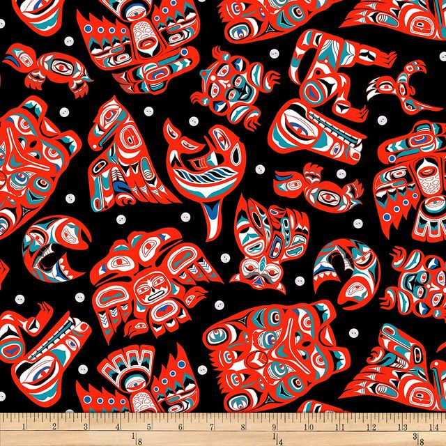 Native Spirit American Symbols Black  Elizabeth's Studio Cotton Fabric