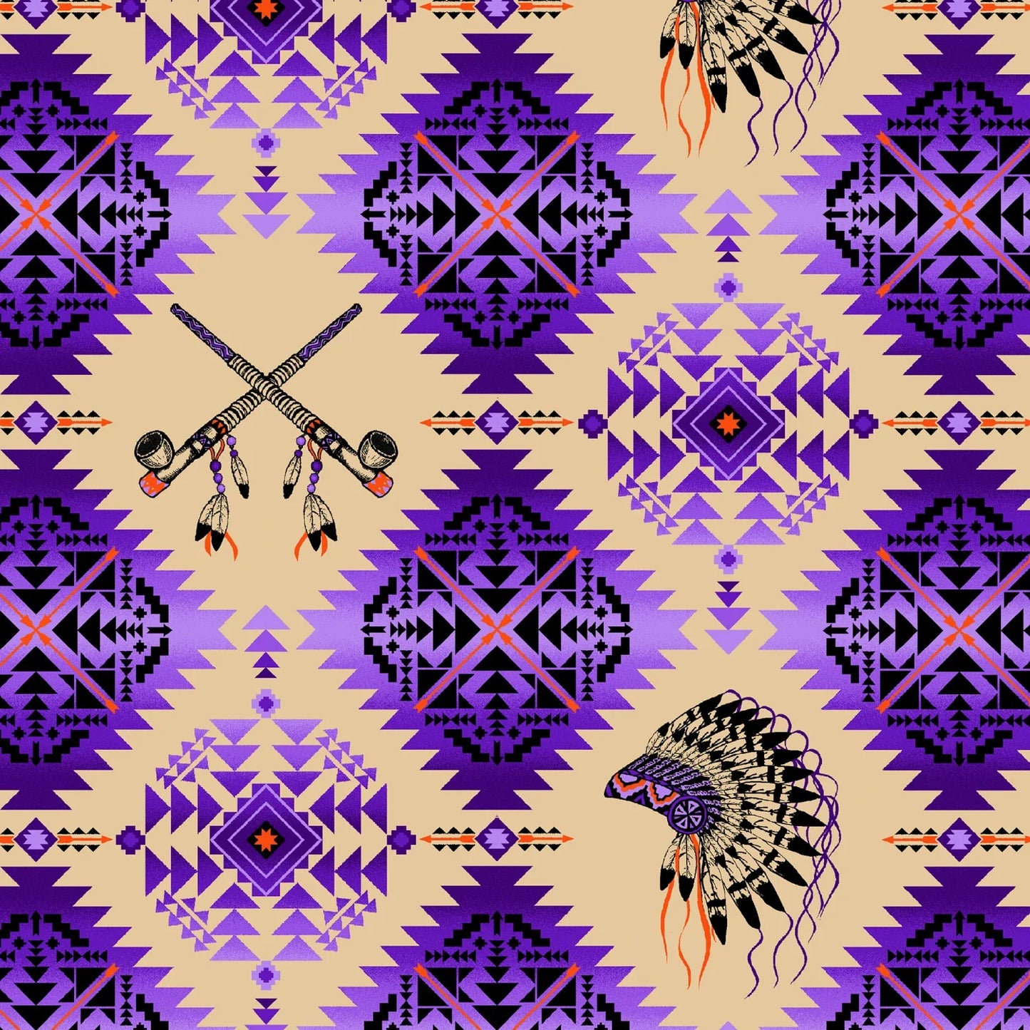 Native Spirit Pipe & Headdress Purple Elizabeth's Studio Cotton Fabric ES-531-PURPLE
