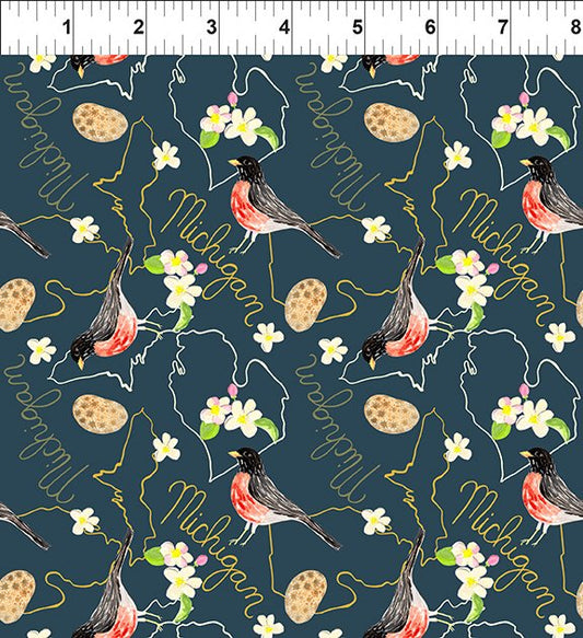 Natural State Michigan Multi Dark Blue Jennifer Heynen In The Beginning Cotton Fabric