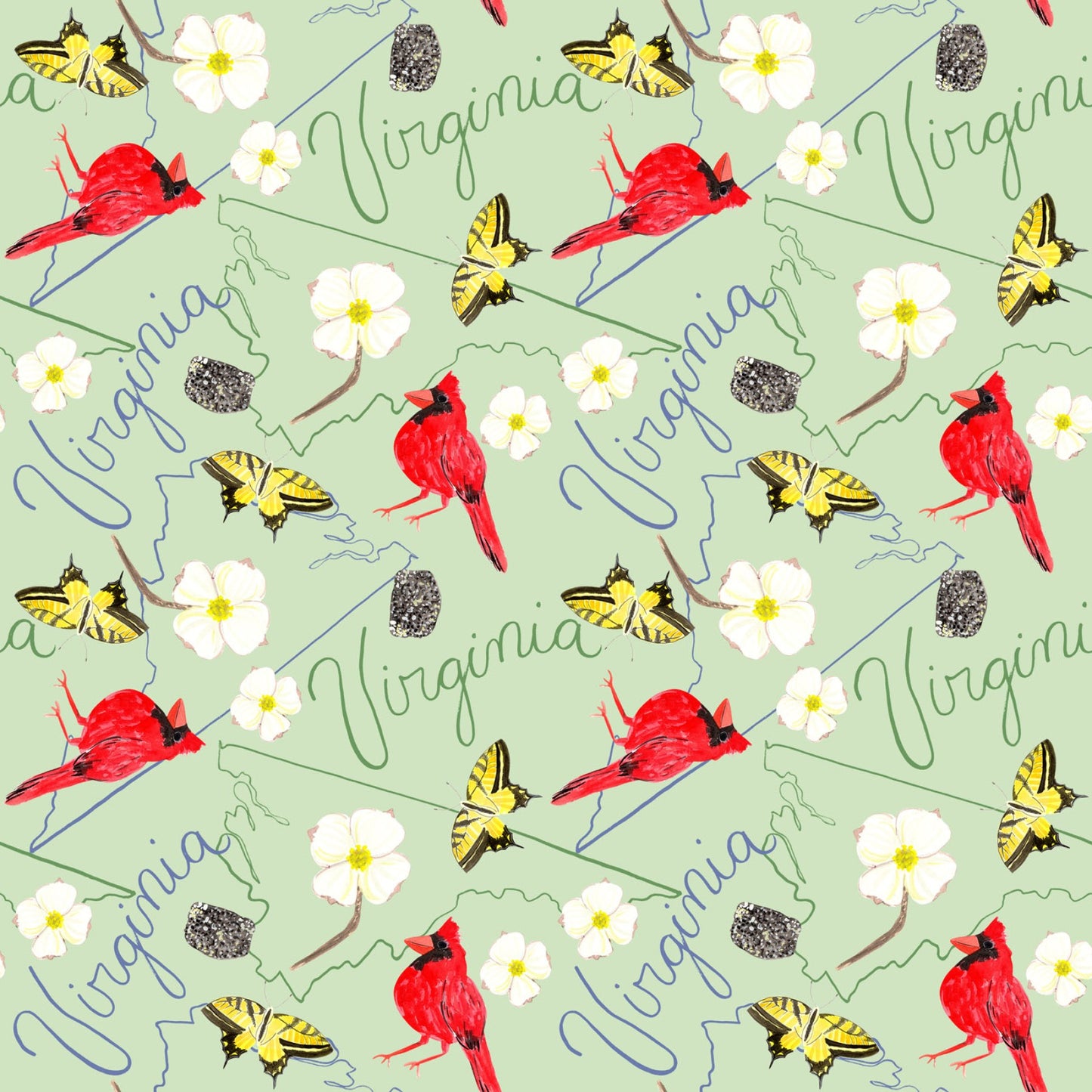 Natural State Virginia Animals Floral Green Jennifer Heynen In The Beginning Cotton Fabric