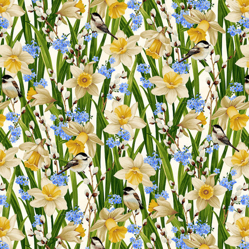 Nature's Affair Daffodils Floral Bird Allover Cream Jan Mott Henry Glass Cotton Fabric