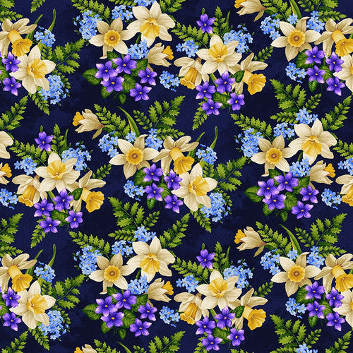 Nature's Affair Tossed Bouquets Floral Indigo Blue Jan Mott Henry Glass Cotton Fabric