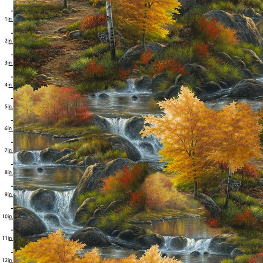 Nature Walk Autumn Glory Rocks River Waterfall Abraham Hunter 3 Wishes Cotton Fabric