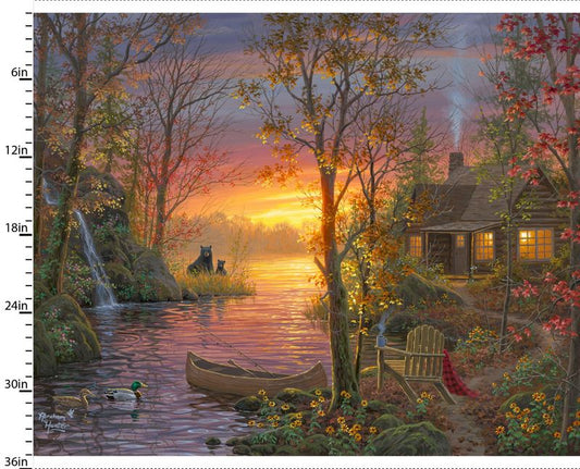 Nature Walk Panel 34" Mountain Lake Cabin Red Truck Abraham Hunter 3 Wishes Cotton Fabric