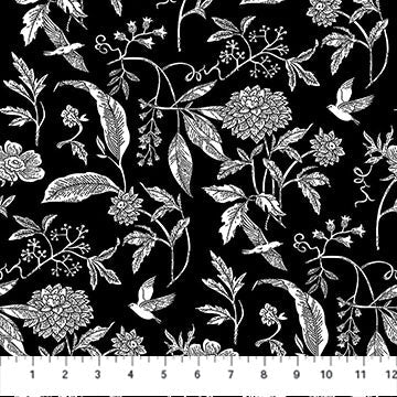 Nature's Sketchbook Chrysanthemums Black White Deborah Edwards Northcott Studio Cotton Fabric NC-28525-99