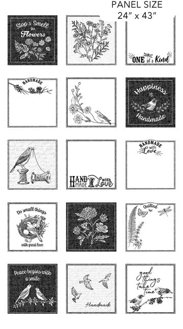 Nature's Sketchbook Label Panel 24" White Black Deborah Edwards Northcott Studio Cotton Fabric NC-28566-10