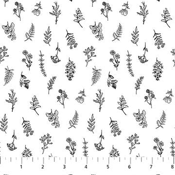 Nature's Sketchbook Mini Floral Toss White Black Deborah Edwards Northcott Studio Cotton Fabric NC-28532-10