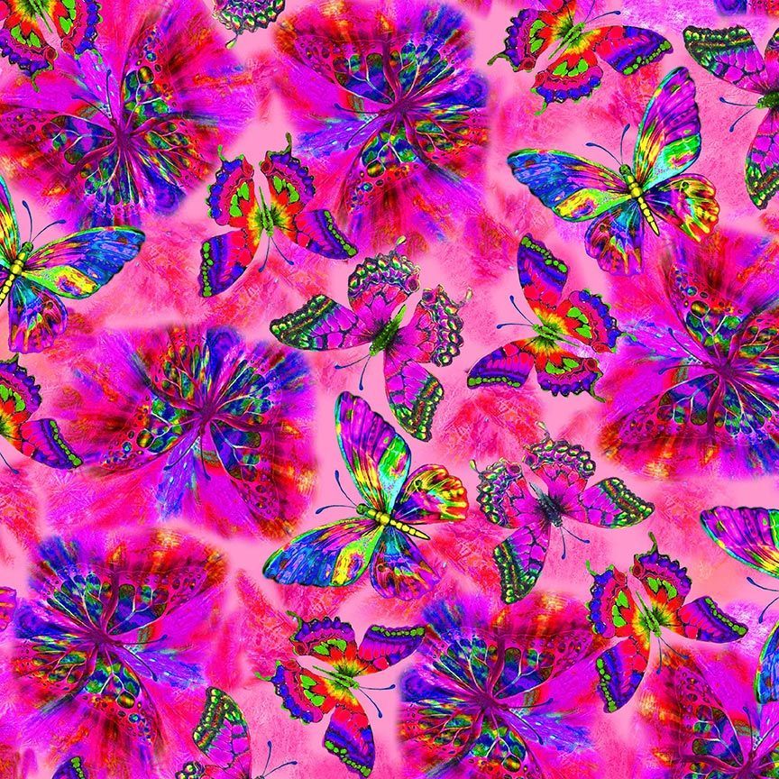 Nature’s Glow Flying Electric Butterflies Pink Timeless Treasures Cotton Fabric