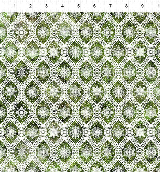 Nature's Winter Snowflake Ogee Green Jason Yenter In The Beginning Cotton Fabric