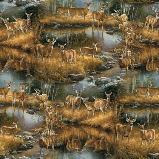 Naturescapes Birchwood Scenic Deer Grass Tan Multi Rosemary Millette Northcott Cotton Fabric NC-DP29107-14