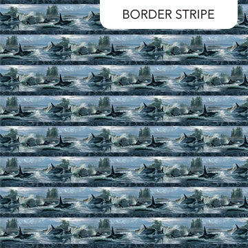 Naturescapes Voyage Orcas Whale Border Stripe Blue Multi Lee Kromschroeder Northcott Cotton Fabric NC-DP29116-48