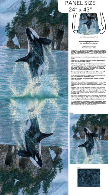 Naturescapes Voyage Orca Whale CANVAS Bag Pack Panel 24" Blue Multi Lee Kromschroeder Northcott Cotton CANVAS Fabric NC-C29124-48
