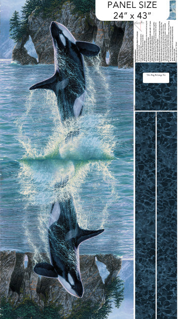Naturescapes Voyage Orca Whale CANVAS Tote Bag Panel 24" Blue Multi Lee Kromschroeder Northcott Cotton CANVAS Fabric NC-C29123-48