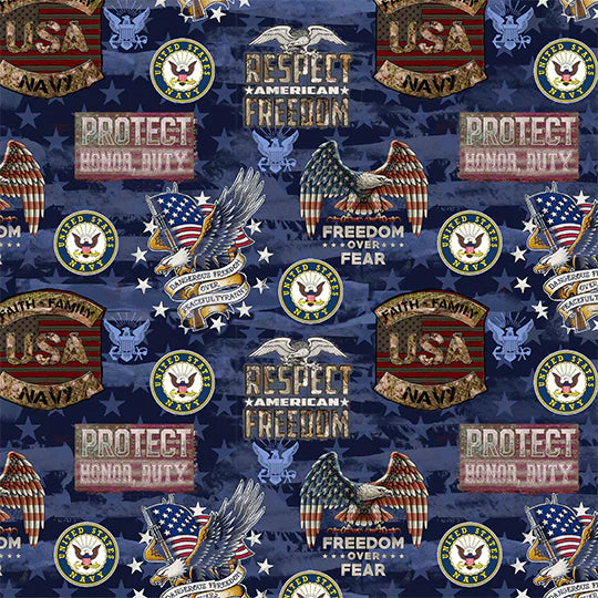 Navy Military Camo USA Flag Sykel Cotton Fabric