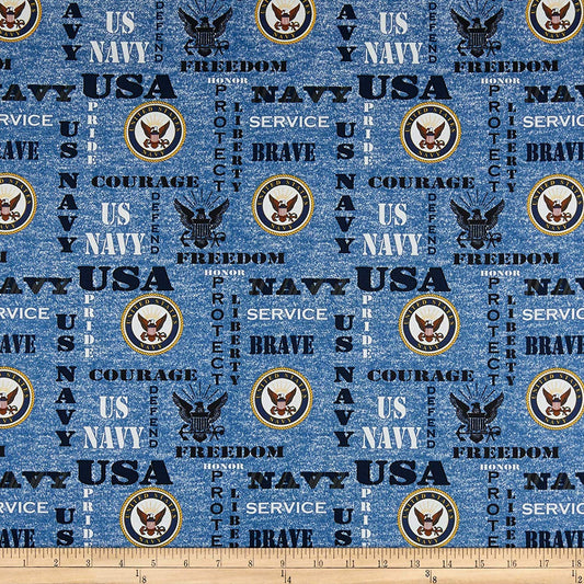 Navy Military Armedces Freedom Brave Seal Heather Allover Print Cotton