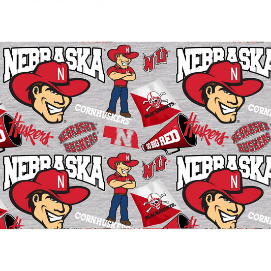 Nebraska Cornhuskers NCAA College Mascot Allover Heather Design Cotton Fabric