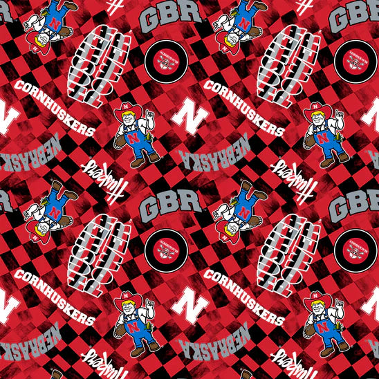 Nebraska Cornhuskers NCAA College Check Allover Sykel Enterprises Duck Cloth Canvas Cotton Fabric NE-1380-RED