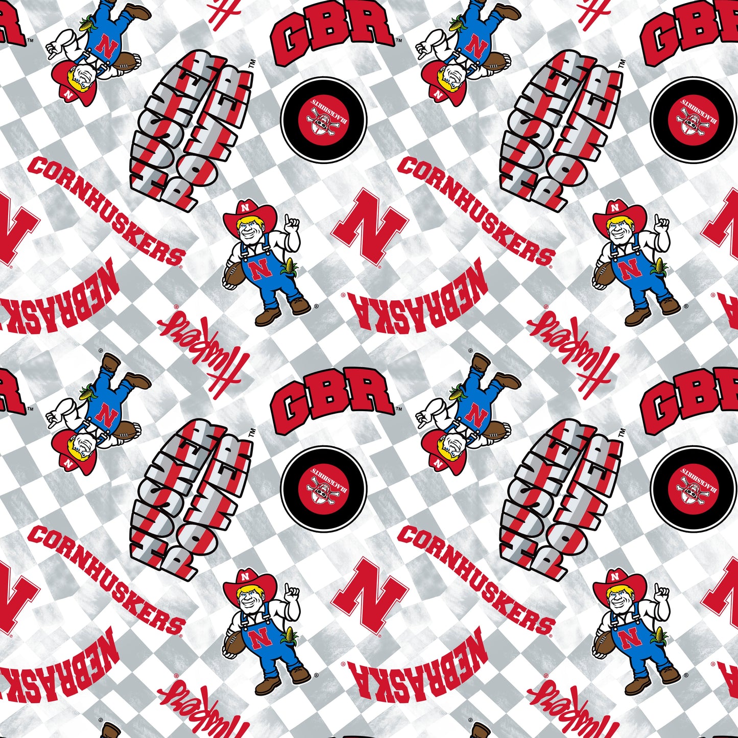 Nebraska Conrhuskers NCAA College Checks White Sykel Enterprises Canvas Duck Cloth Cotton Fabric NE-1380-WHITE